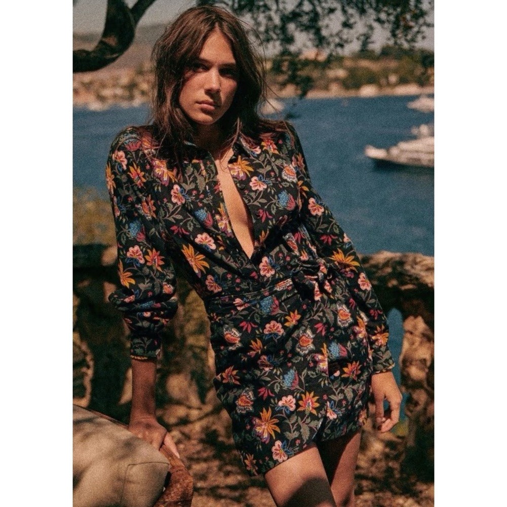 Sezane Jamy Dress Botanic Black Women 38 Floral Long Sleeve Fall Wrap $198